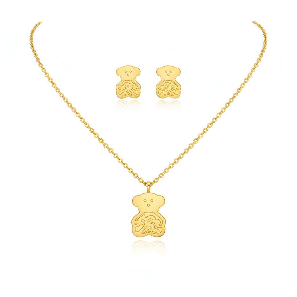 Conjunto de Collar y Pendientes de Osito Grabado 100% Acero Bañado en Oro 18K