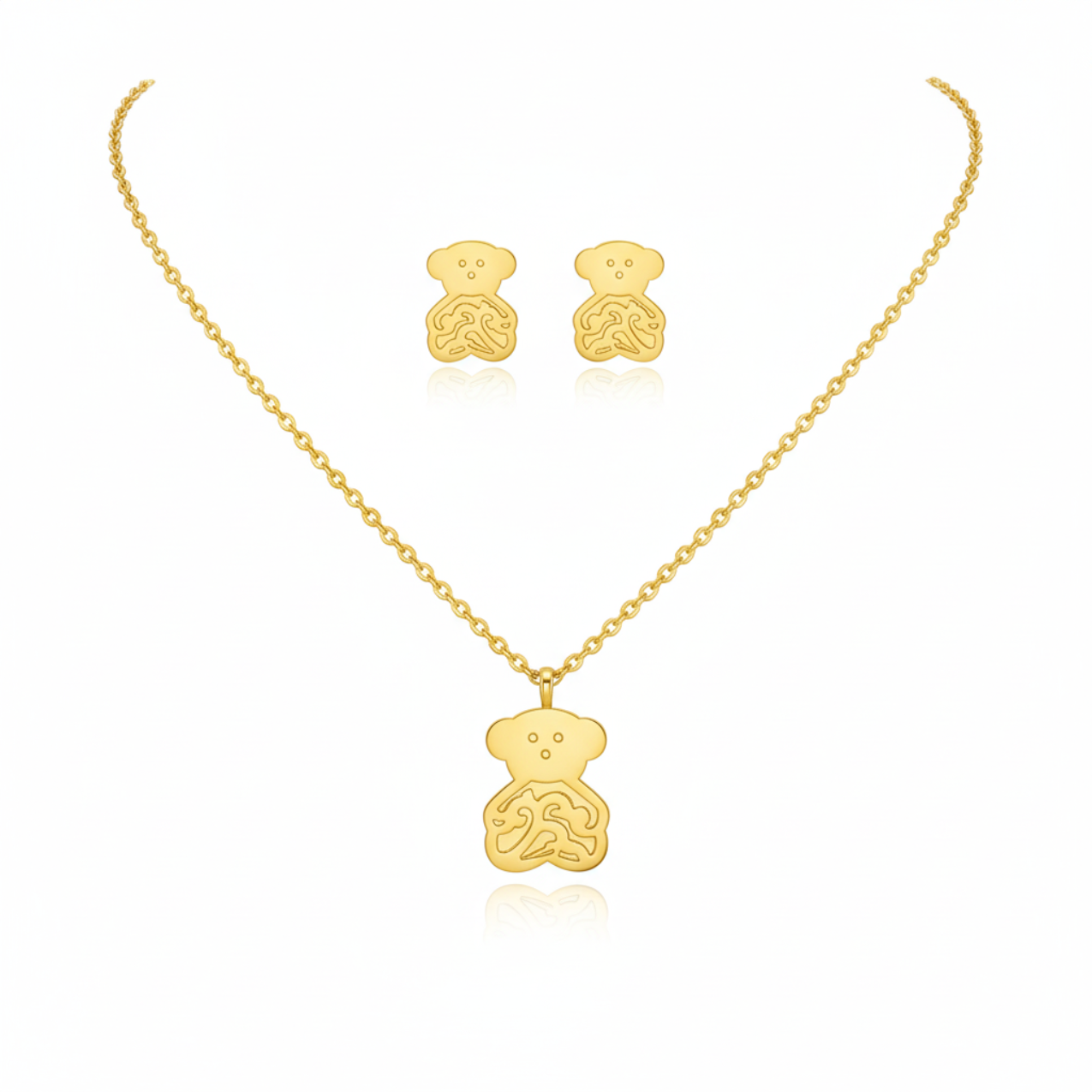 Conjunto de Collar y Pendientes de Osito Grabado 100% Acero Bañado en Oro 18K