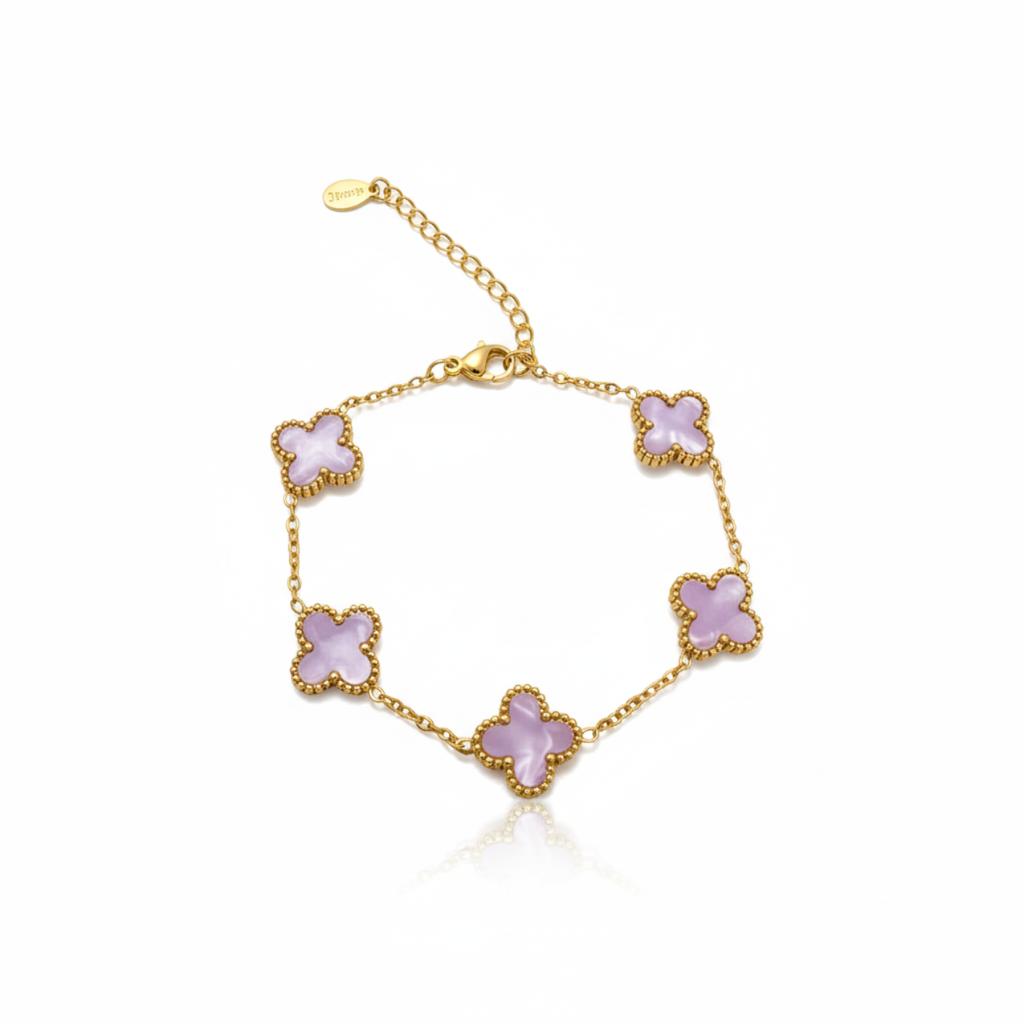 Parure de bijoux Lilac Clover 100 % acier plaqué or 18 carats