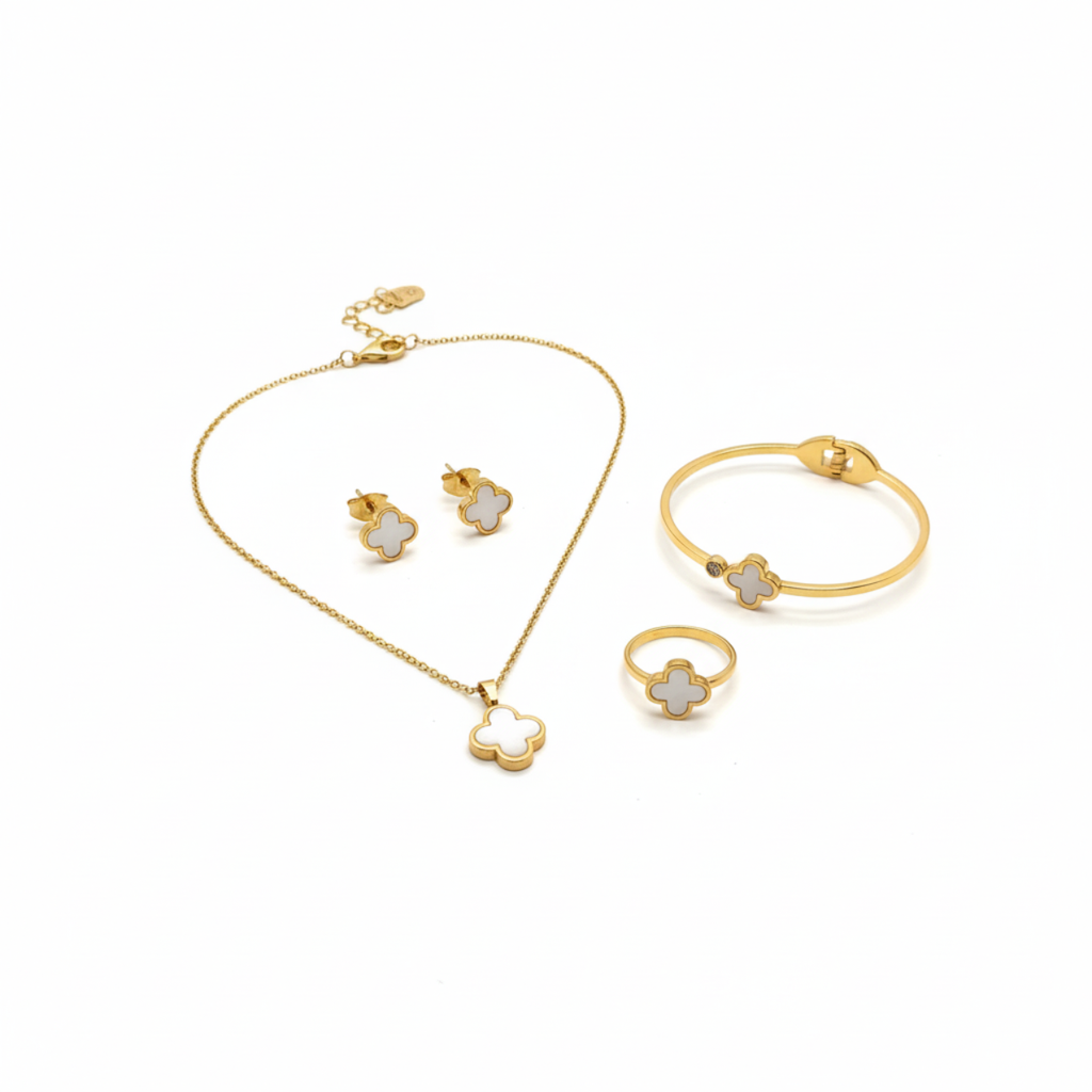 Parure de bijoux en nacre White Clover 100 % acier plaqué or 18 carats