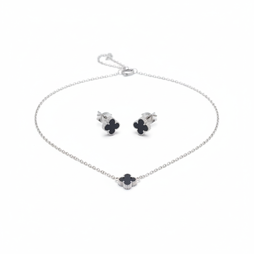 Parure de bijoux Black Clover 100 % acier inoxydable couleur argent
