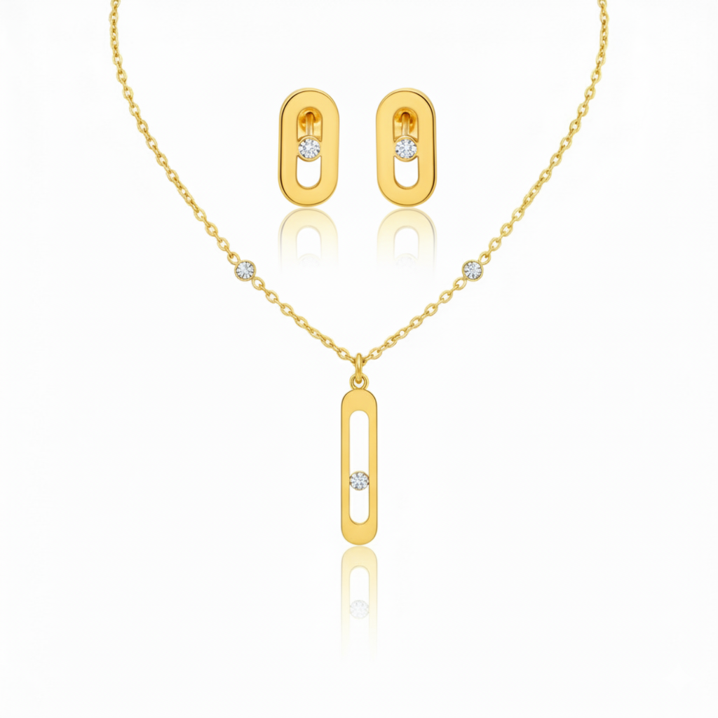 Parure de bijoux « Élégance géométrique » : bracelet, boucles d'oreilles et collier 100 % acier plaqué or 18 carats