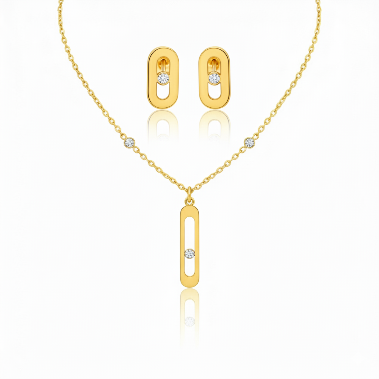 Parure de bijoux « Élégance géométrique » : bracelet, boucles d'oreilles et collier 100 % acier plaqué or 18 carats