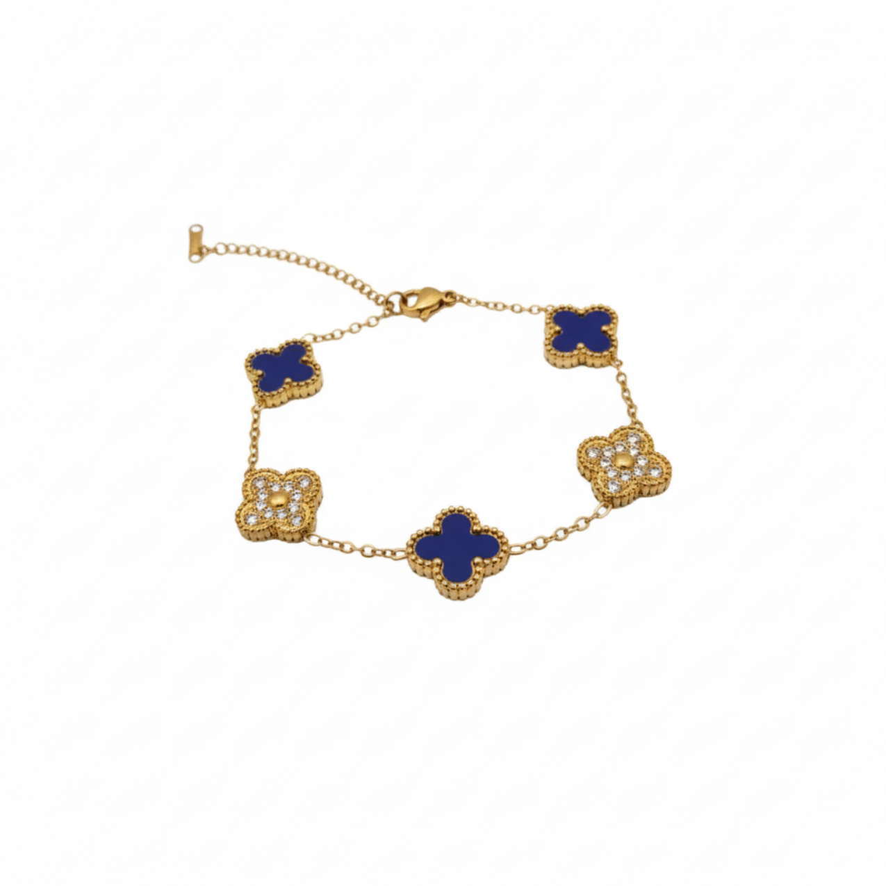 Conjunto de Joyería Trébol Azul y Circonitas 100% Acero Bañado en Oro 18K