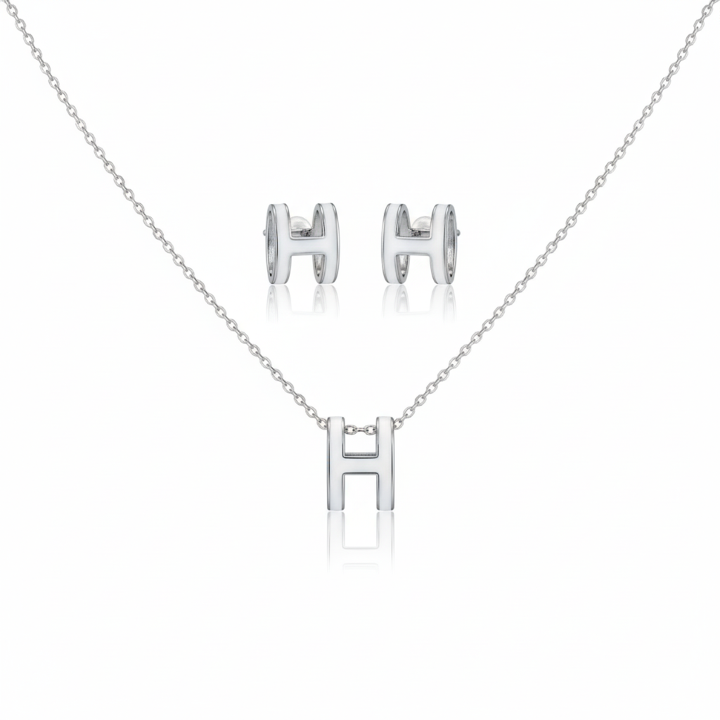 Ensemble collier et boucles d'oreilles avec lettre « H » - 100 % acier rhodié