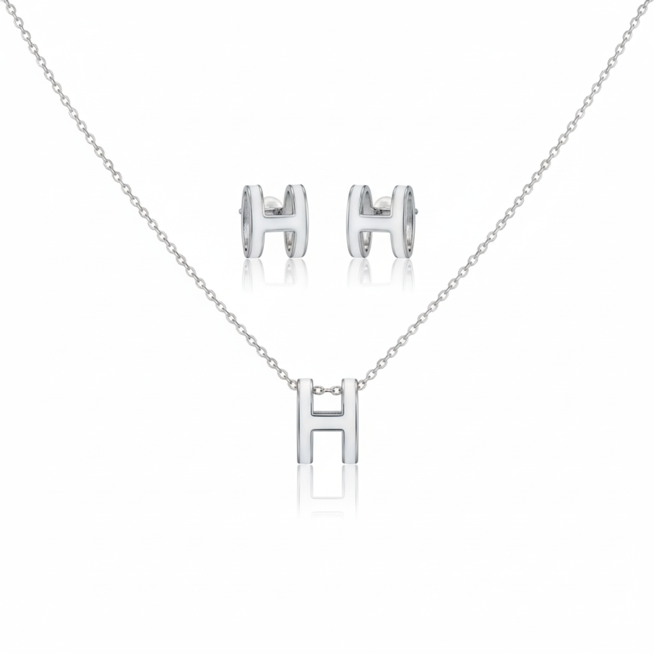 Ensemble collier et boucles d'oreilles avec lettre « H » - 100 % acier rhodié