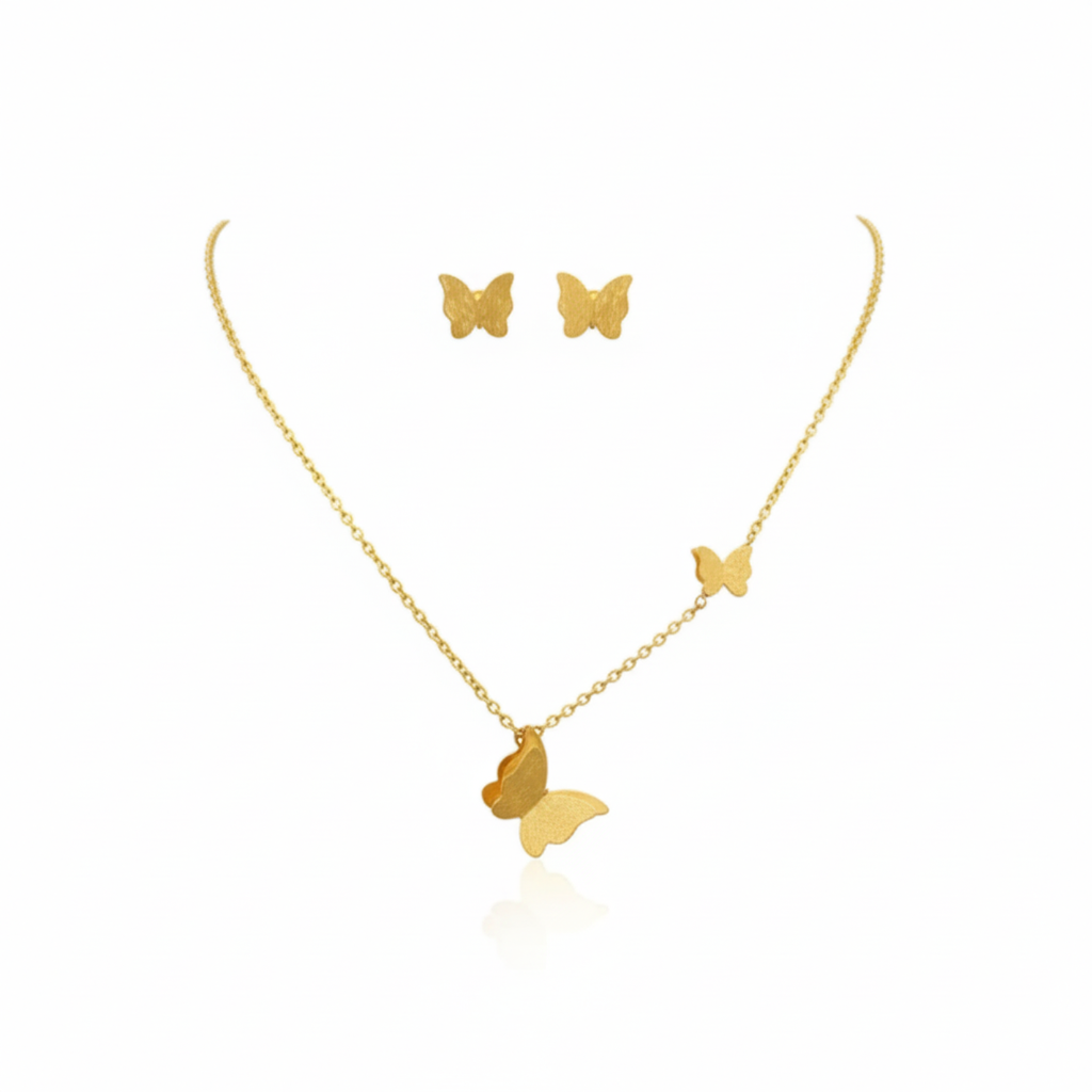 Butterfly Necklace and Earrings Set with Zirconia - 100% 18K Gold Plated Steel