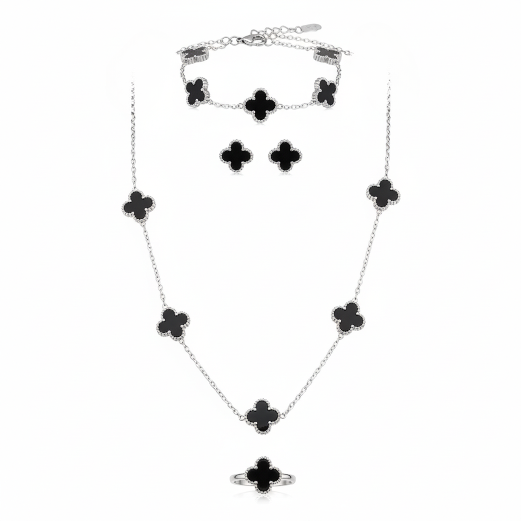 Parure de luxe trèfle à quatre feuilles noir (collier, boucles d'oreilles, bracelet et bague) - Acier inoxydable rhodié