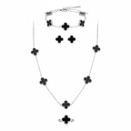 Parure de luxe trèfle à quatre feuilles noir (collier, boucles d'oreilles, bracelet et bague) - Acier inoxydable rhodié