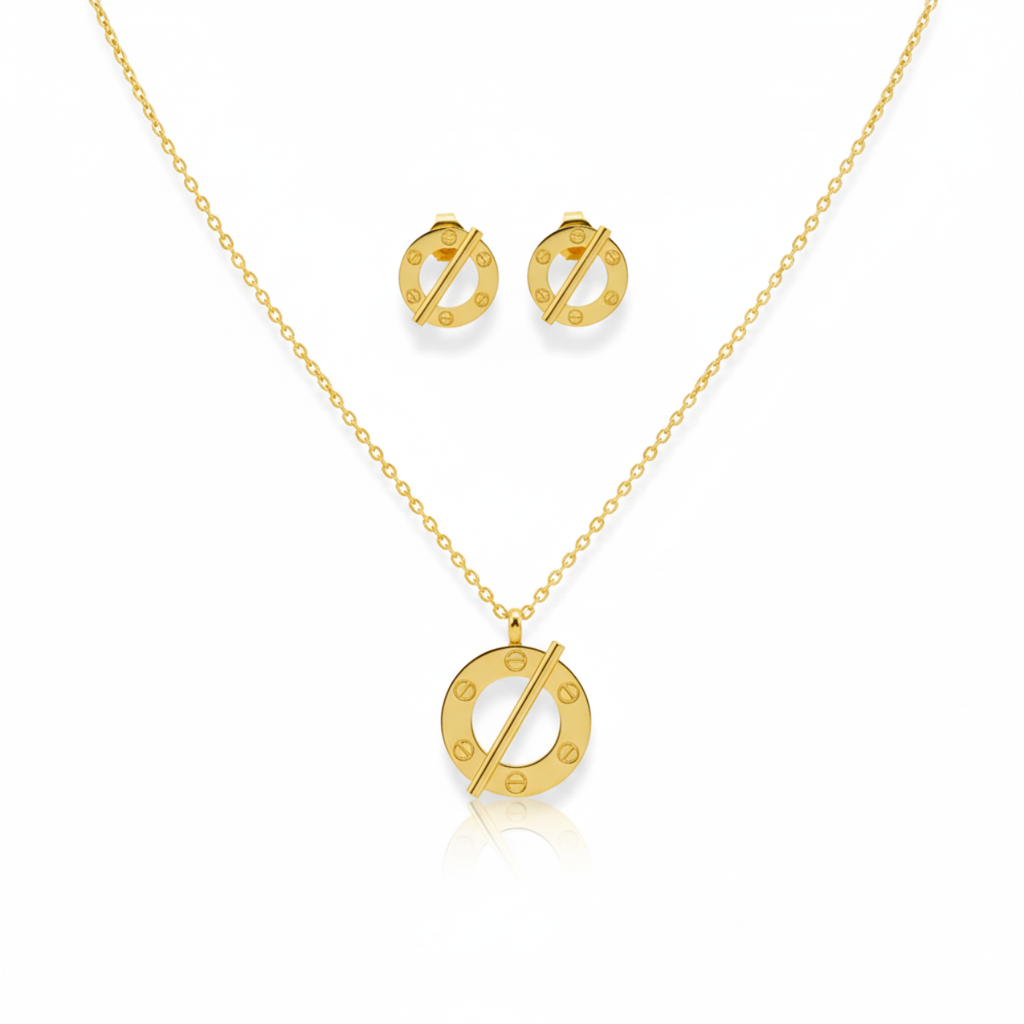 Parure de bijoux circulaire avec barre diagonale et détails de vis 100 % acier plaqué or 18 carats