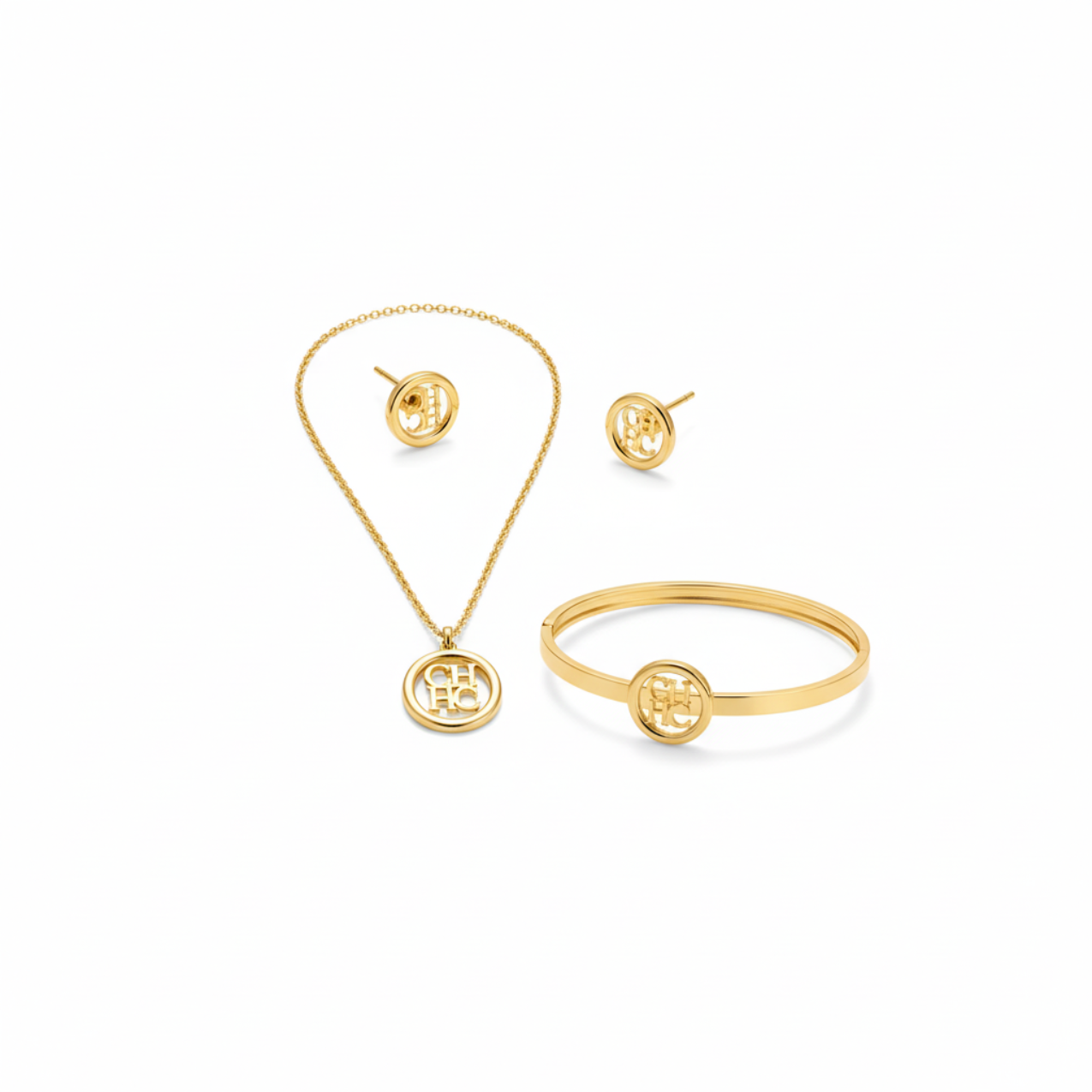 Conjunto de Joyería Circular con Detalles Grabados 100% Acero Bañado en Oro 18K