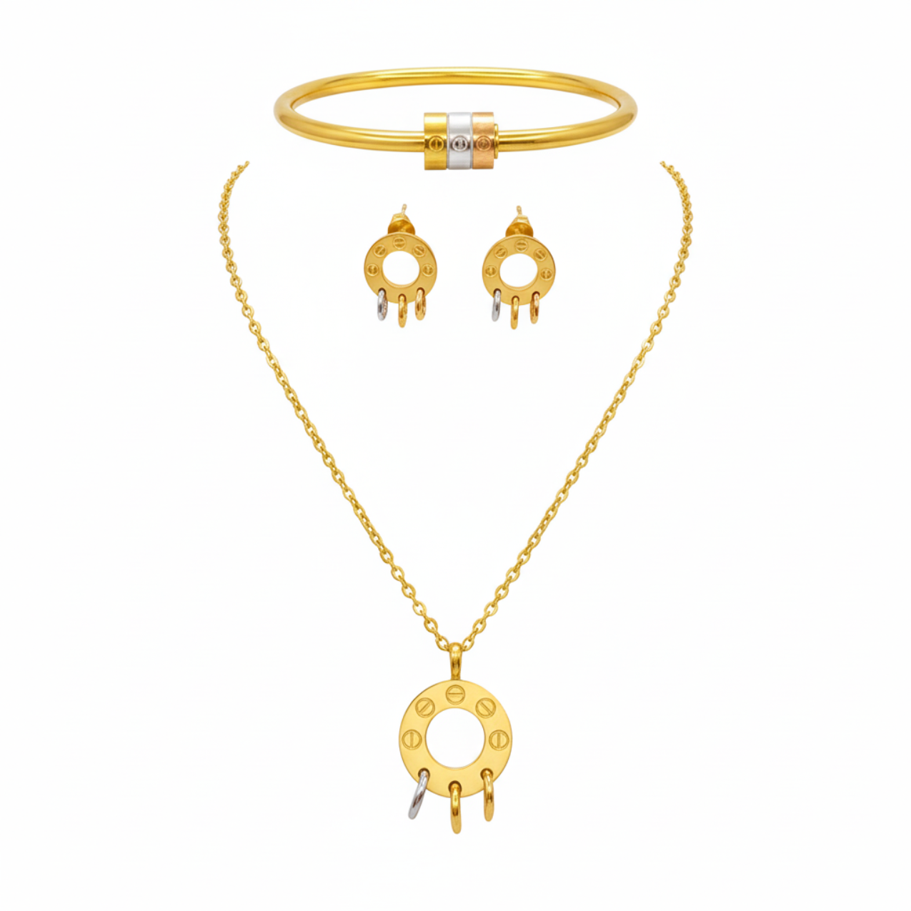 Ensemble trèfle à quatre feuilles coloré (collier, bracelet et boucles d'oreilles) - 100 % acier plaqué or 18 carats