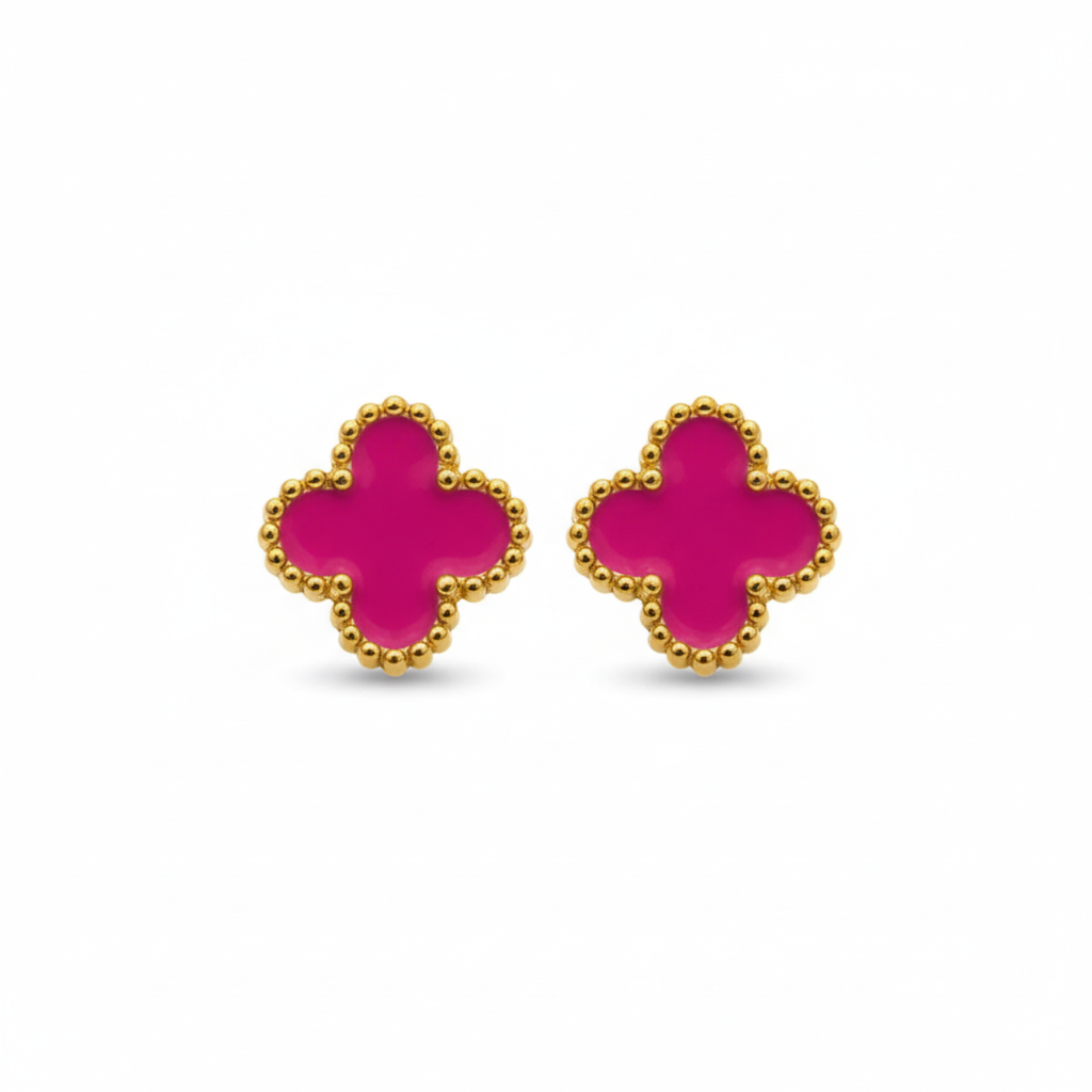 Pendientes Trébol de la Suerte Fucsia - Acero 100% Bañado en Oro 18K