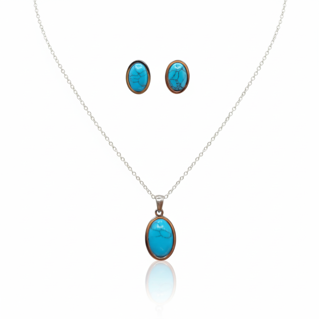 Parure de bijoux en turquoise reconstituée - Boucles d'oreilles et collier 100 % acier plaqué argent