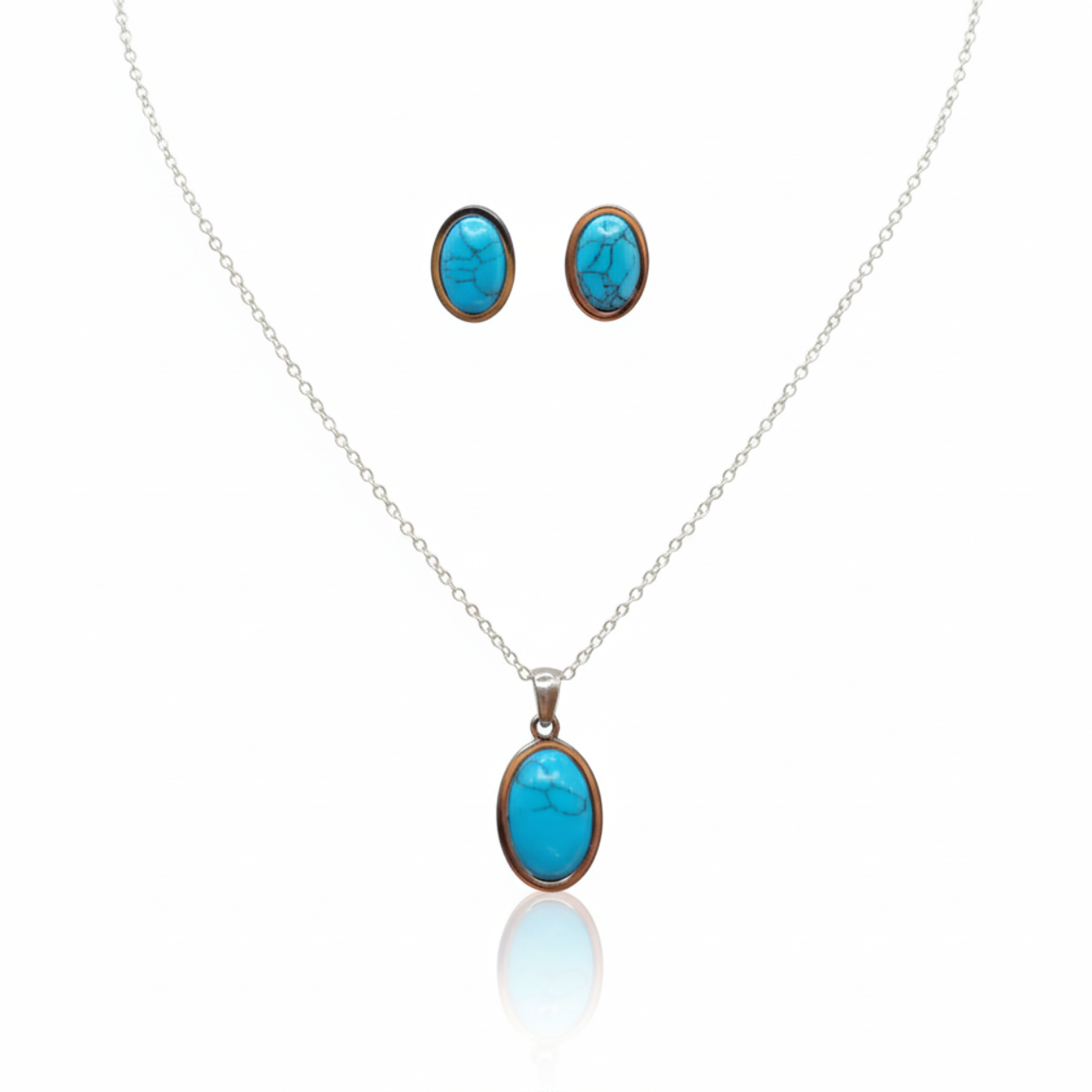 Conjunto de Joyas con Turquesa Reconstituida - Pendientes y Collar 100% Acero Bañado en Plata