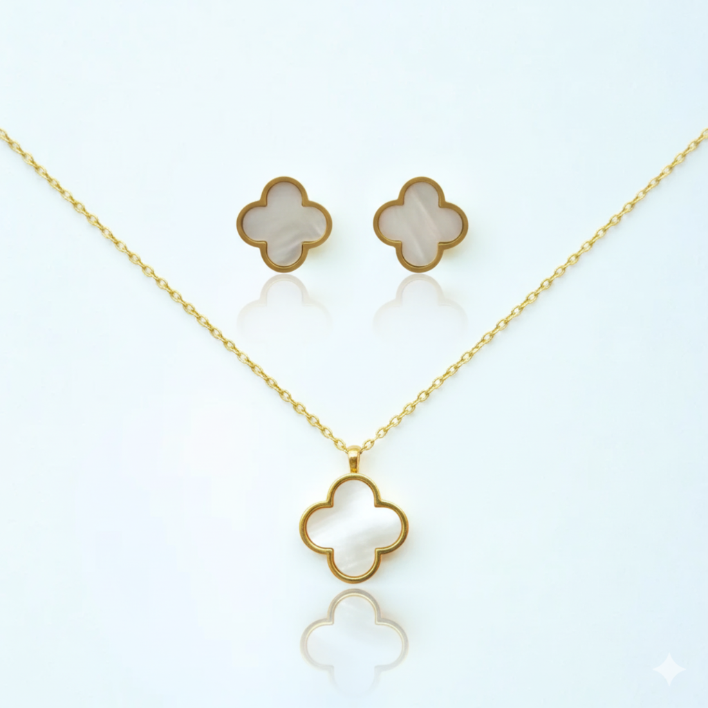 Ensemble trèfle en nacre et bracelet rigide avec zircones (collier, boucles d'oreilles et bracelet) - 100 % acier plaqué or 18 carats 