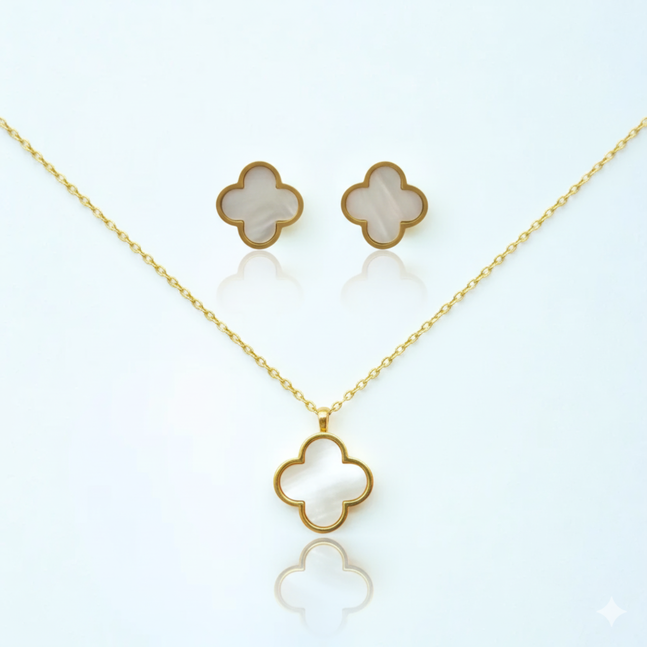 Ensemble trèfle en nacre et bracelet rigide avec zircones (collier, boucles d'oreilles et bracelet) - 100 % acier plaqué or 18 carats 