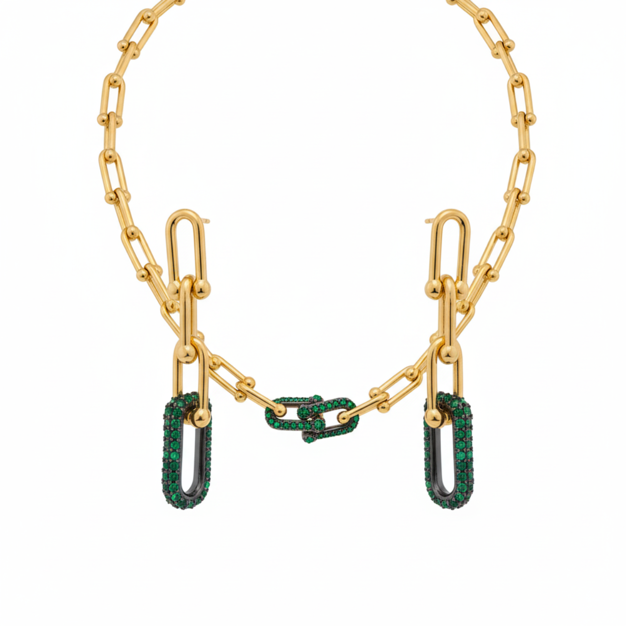 Ensemble de chaînes à maillons en zircone verte (collier, bracelet et boucles d'oreilles) - 100 % acier plaqué or 18 carats