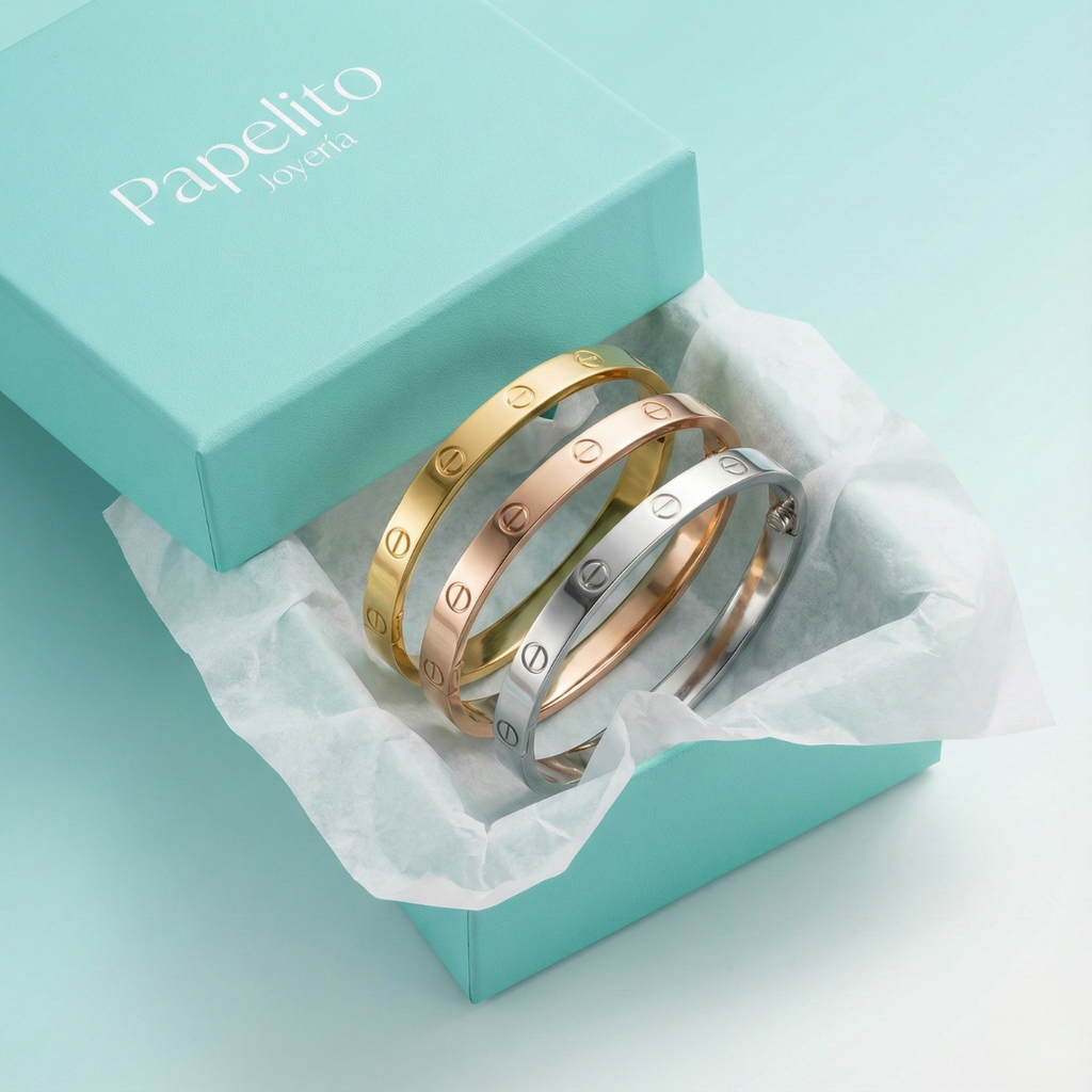 Pack de 3 Pulseras Love de Acero Inoxidable Bañadas en Oro 18K – Oro, Plata y Oro Rosado