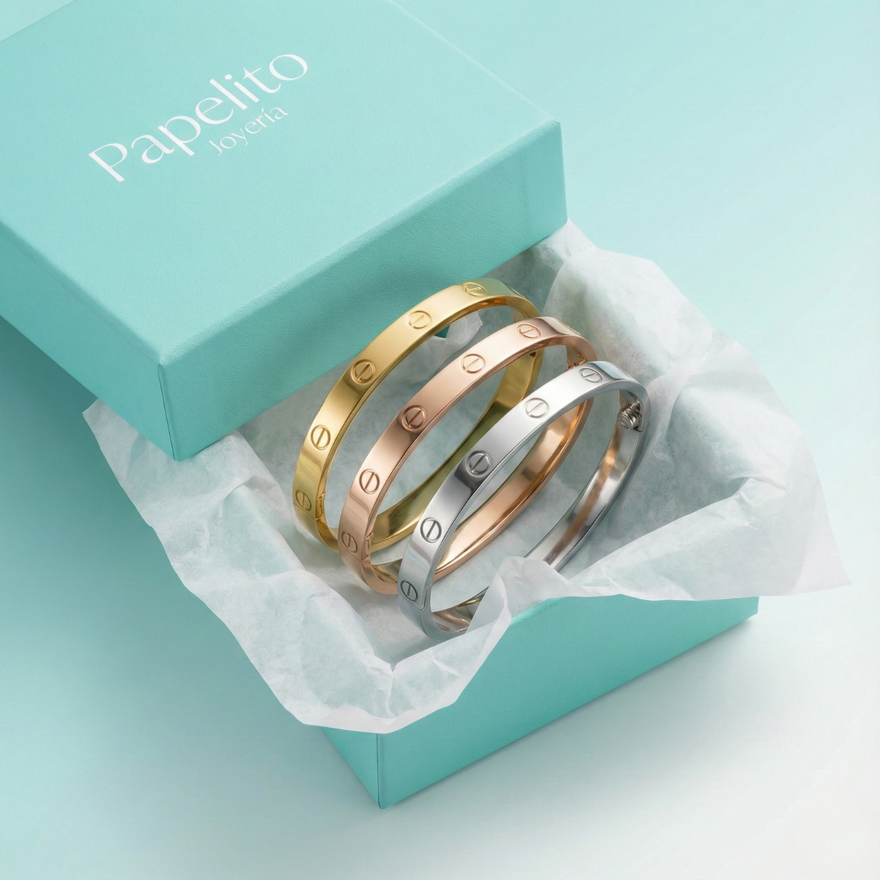 Pack de 3 Pulseras Love de Acero Inoxidable Bañadas en Oro 18K – Oro, Plata y Oro Rosado
