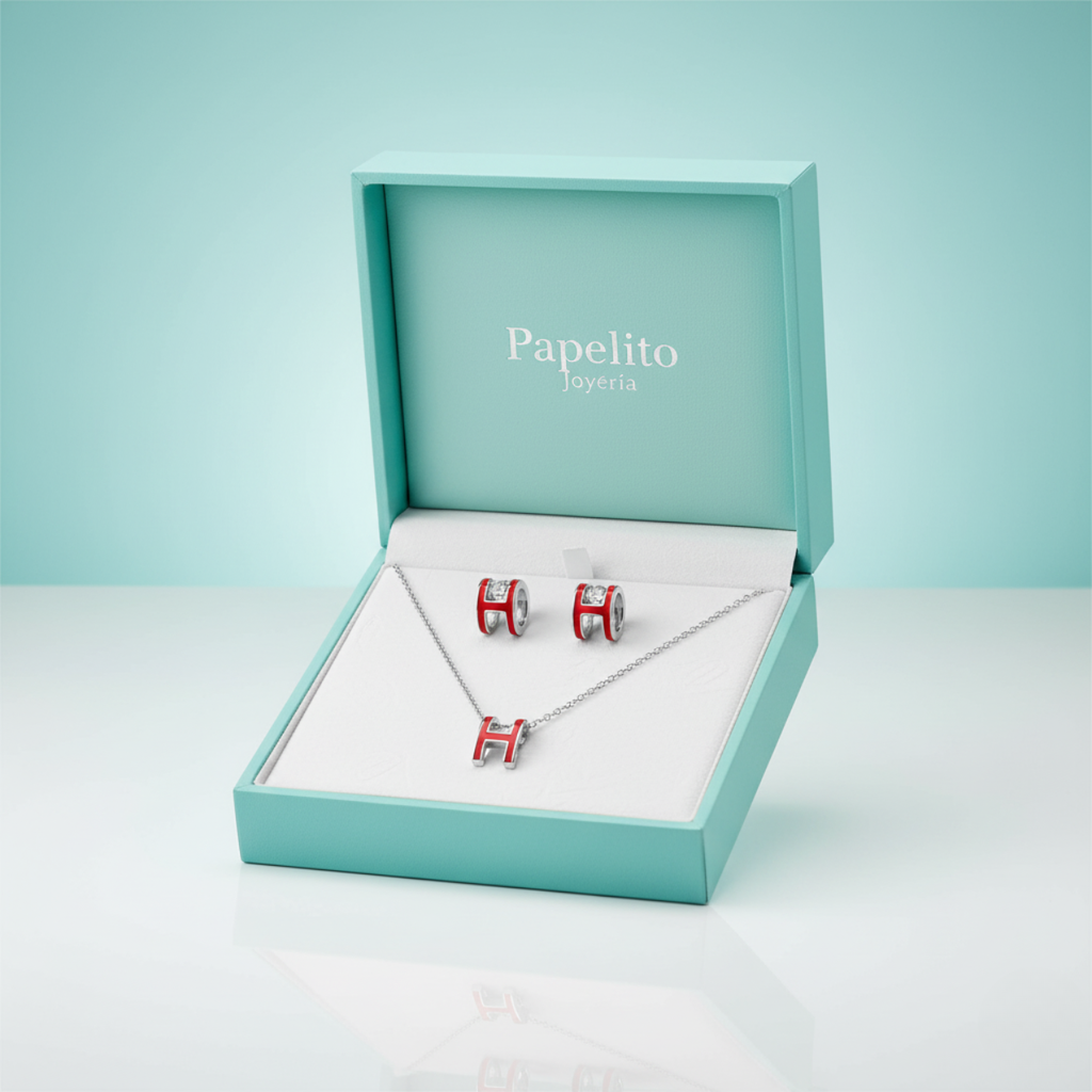 Parure collier et boucles d'oreilles lettre « H » émaillée rouge - 100 % acier rhodié