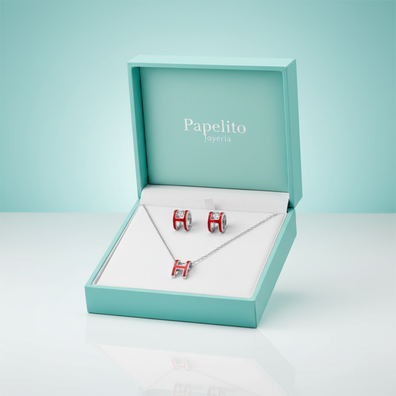 Parure collier et boucles d'oreilles lettre « H » émaillée rouge - 100 % acier rhodié