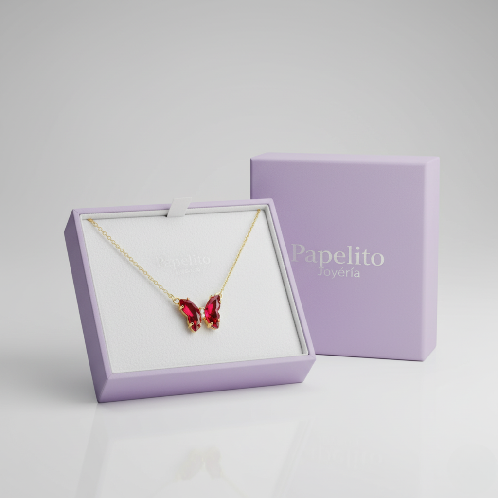 Collar Mariposa Zirconia Roja - 100% Acero Bañado en Oro 18K