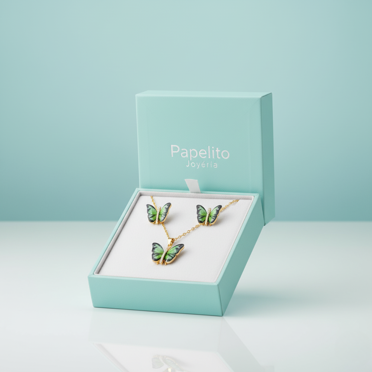 Butterfly Necklace and Earrings Set with Green Enameled Wings and Zirconia - 100% 18K Gold Plated Steel