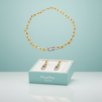 Conjunto de Acero Chapado en Oro 18K con Eslabones y Detalles de Brillantes: Collar, Pendientes y Pulsera