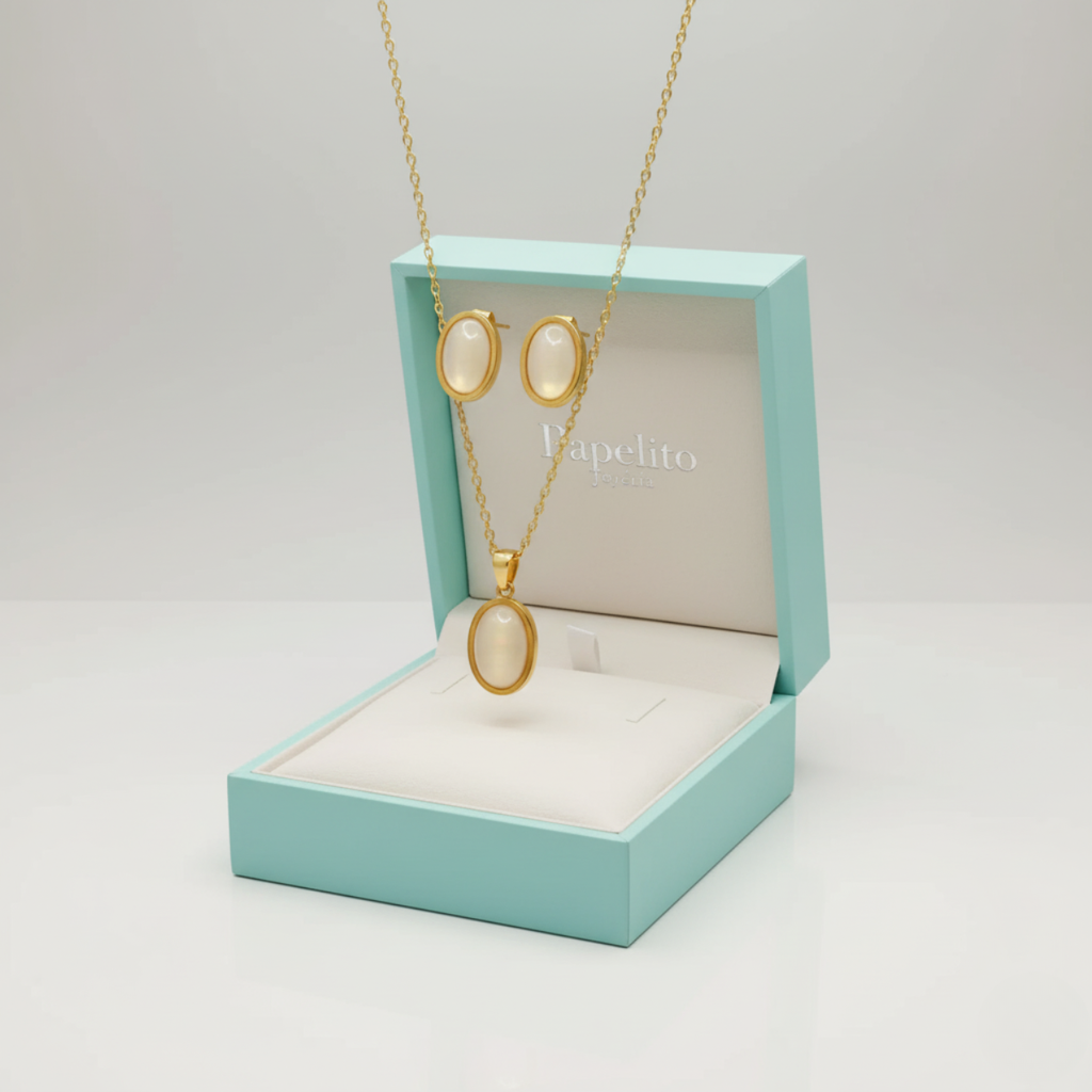 Parure de bijoux œil de chat blanc classique - Boucles d'oreilles et collier en acier plaqué or 18 carats