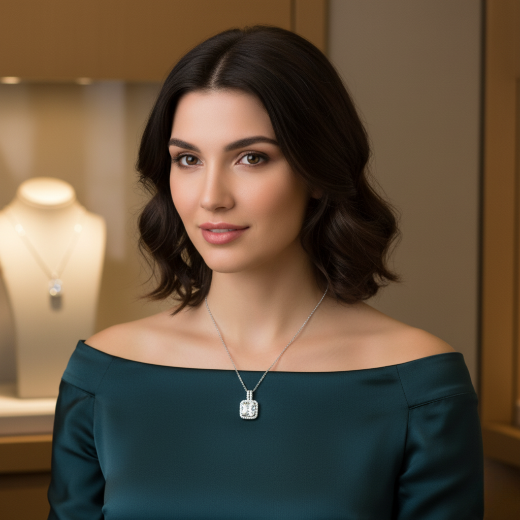 Collar Cadena Fina con Dije Cuadrado Central y Halo de Brillantes de Acero Chapado en Plata