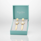 Long Dangle Earrings with Mother-of-Pearl Star and Leaf, 100% Steel, 18K Gold Plated