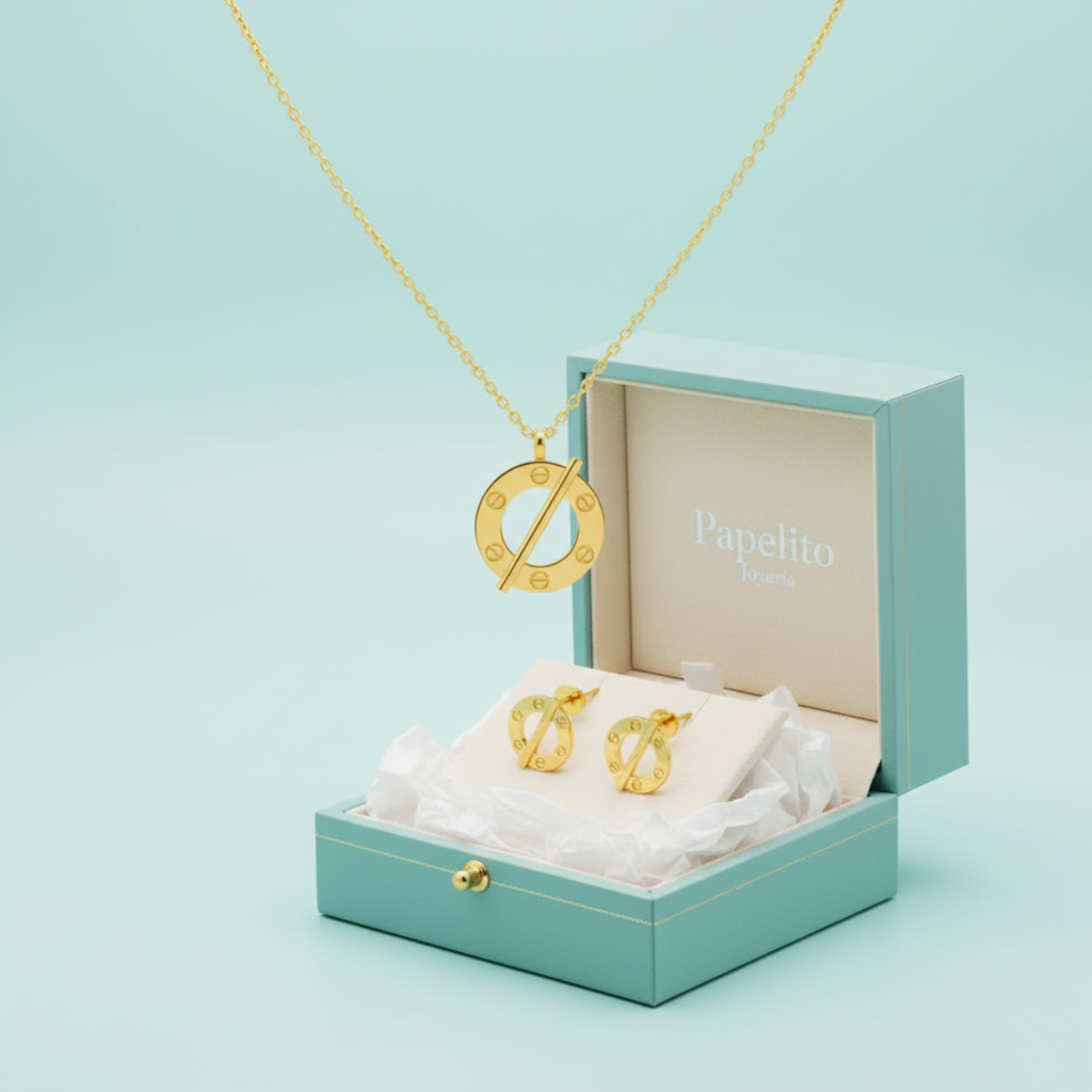 Parure de bijoux circulaire avec barre diagonale et détails de vis 100 % acier plaqué or 18 carats