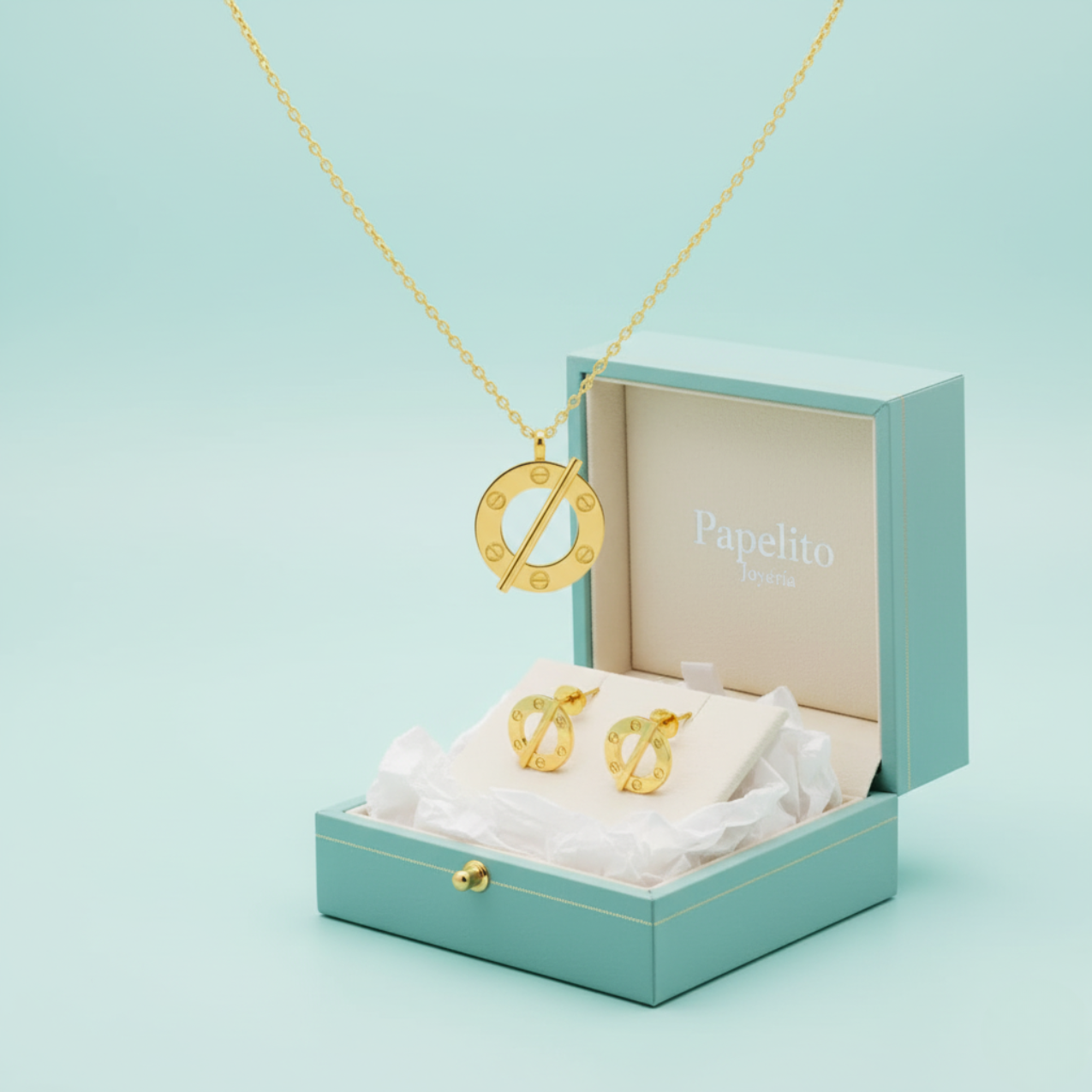 Conjunto de Joyería Circular con Barra Diagonal y Detalles de Tornillo 100% Acero Bañado en Oro 18K