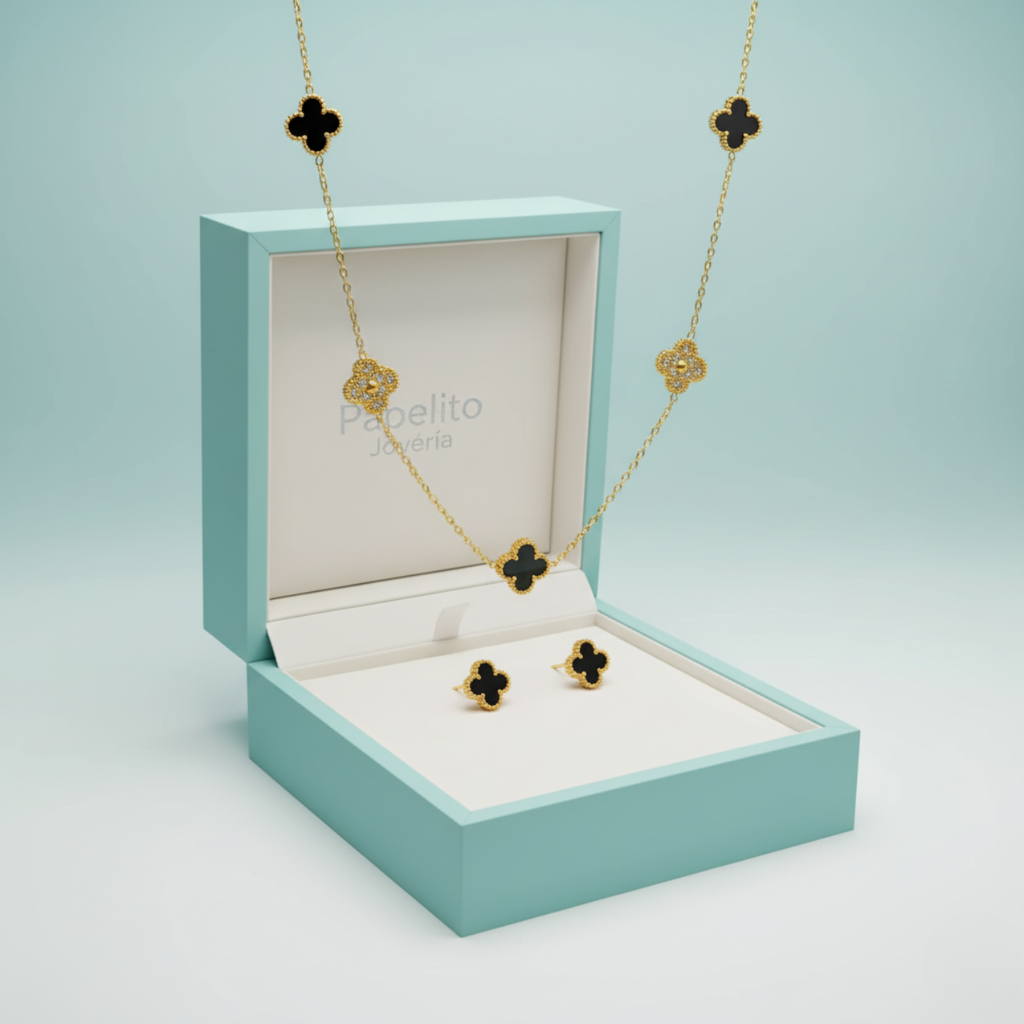 Ensemble de luxe en acier plaqué or 18 carats orné de trèfles noirs et de zirconiums cubiques