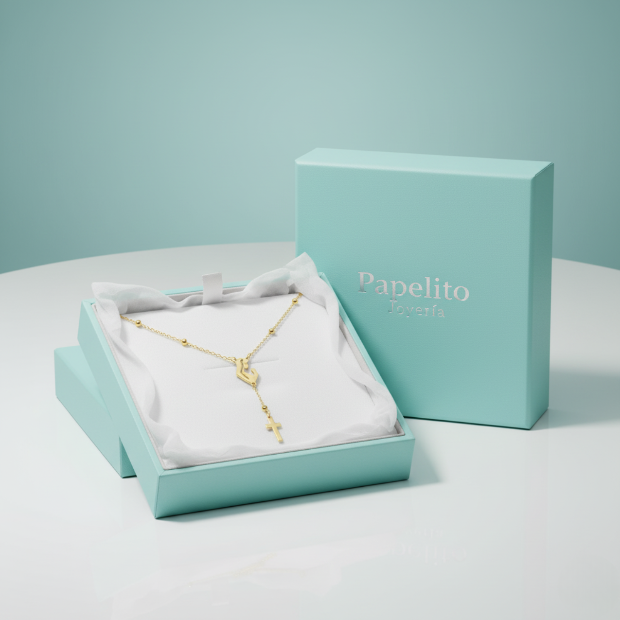 Collar Rosario Estilizado con Virgen y Cruz 100% Acero Bañado en Oro 18K