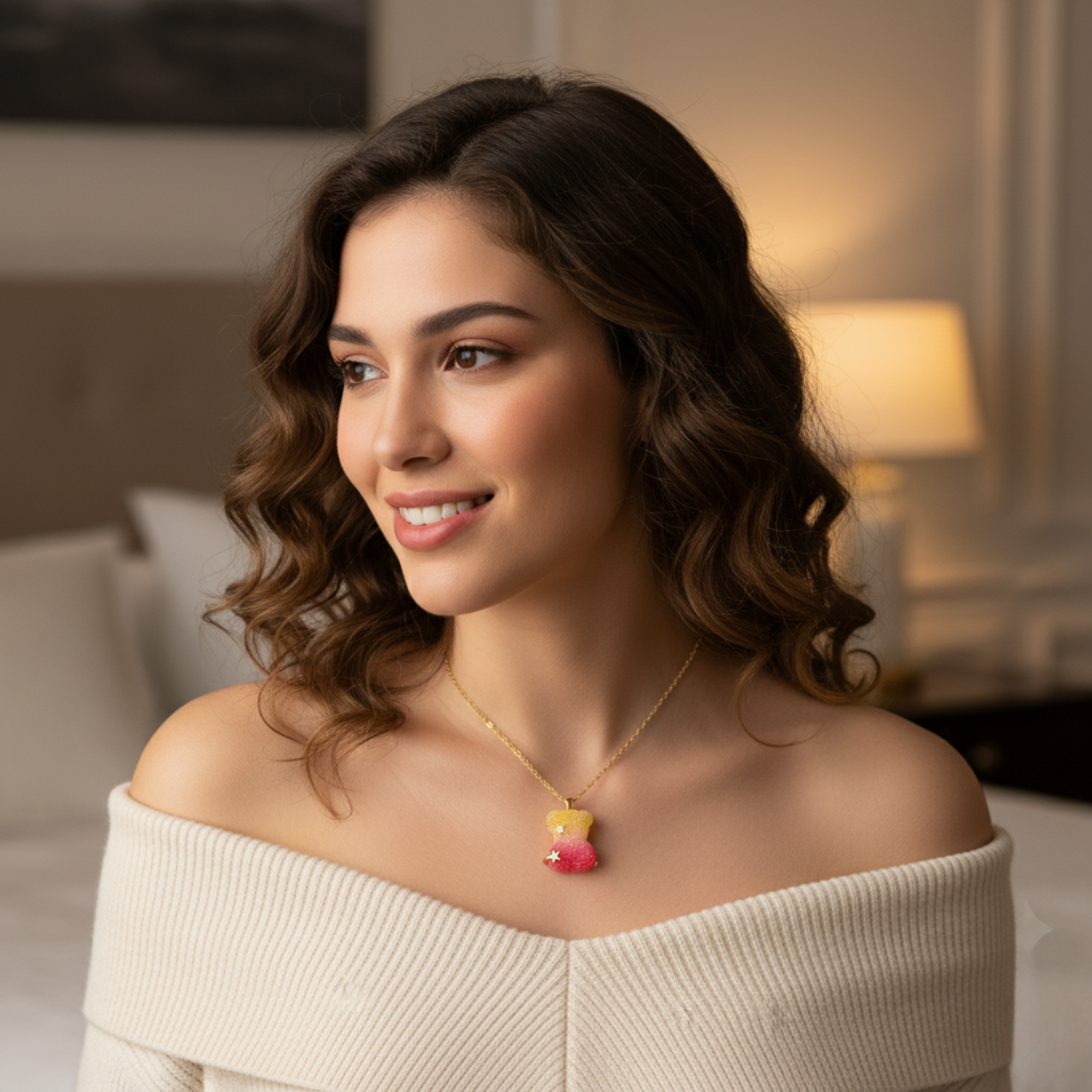 Collar Osito Gominola Vestido Bicolor Glitter con Estrellas - 100% Acero Bañado en Oro 18K