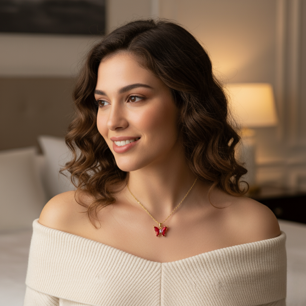 Collar Mariposa Zirconia Roja - 100% Acero Bañado en Oro 18K