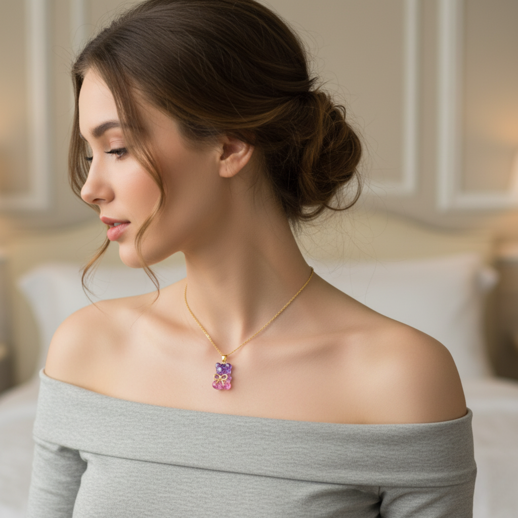 Collar Osito Gominola Glitter Bicolor - 100% Acero Bañado en Oro 18K