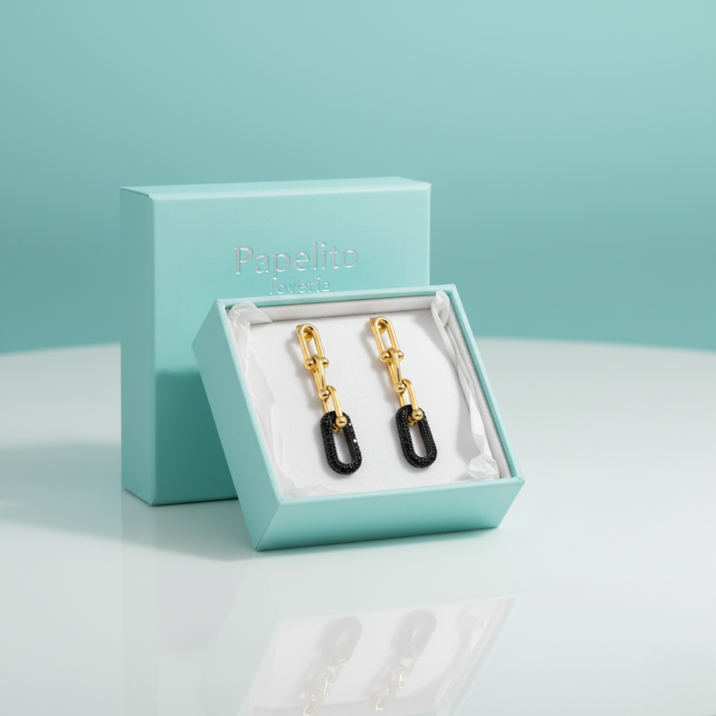 Conjunto de Cadena de Eslabones con Detalles Negros (Collar, Pulsera y Pendientes) - 100% Acero Bañado en Oro 18K