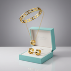 Ensemble de luxe au design géométrique (collier, boucles d'oreilles et bracelet) - 100 % acier plaqué or 18 carats