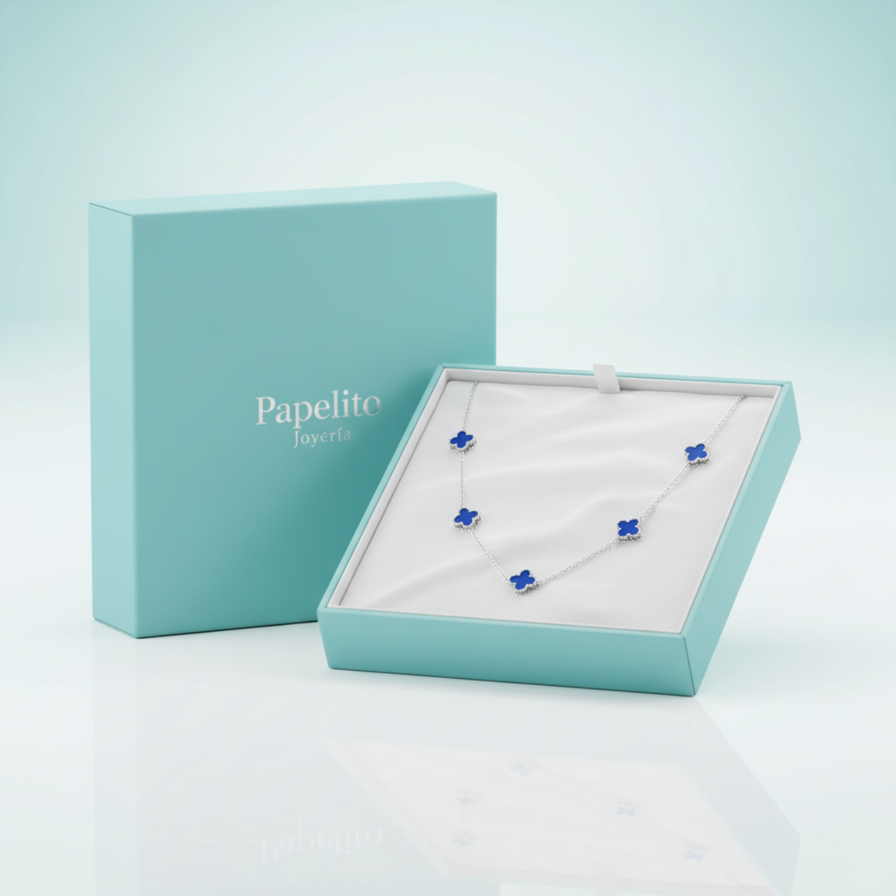 Collar de Trébol Azul 100% Acero Inoxidable Color Plata