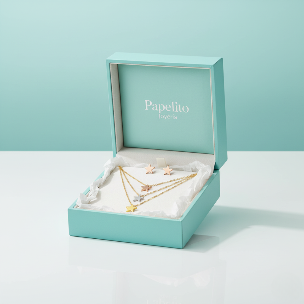 Three-chain necklace set with stars and matching earrings - 100% 18K gold-plated steel