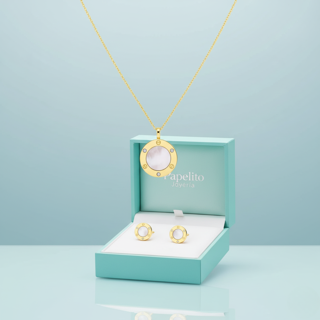 Ensemble collier et boucles d'oreilles ronds en acier plaqué or 18 carats