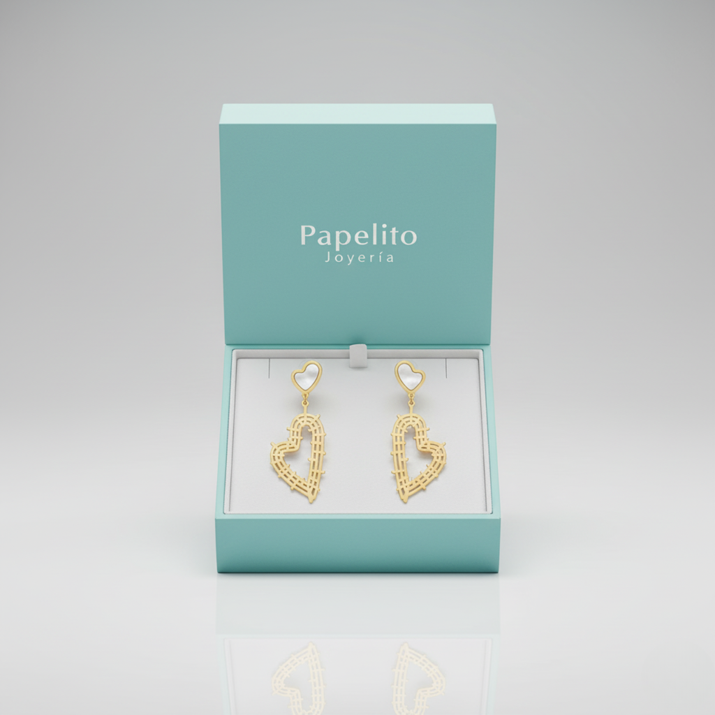 Boucles d'oreilles pendantes longues avec cœur en nacre et cœur ajouré, 100 % acier, plaqué or 18 carats