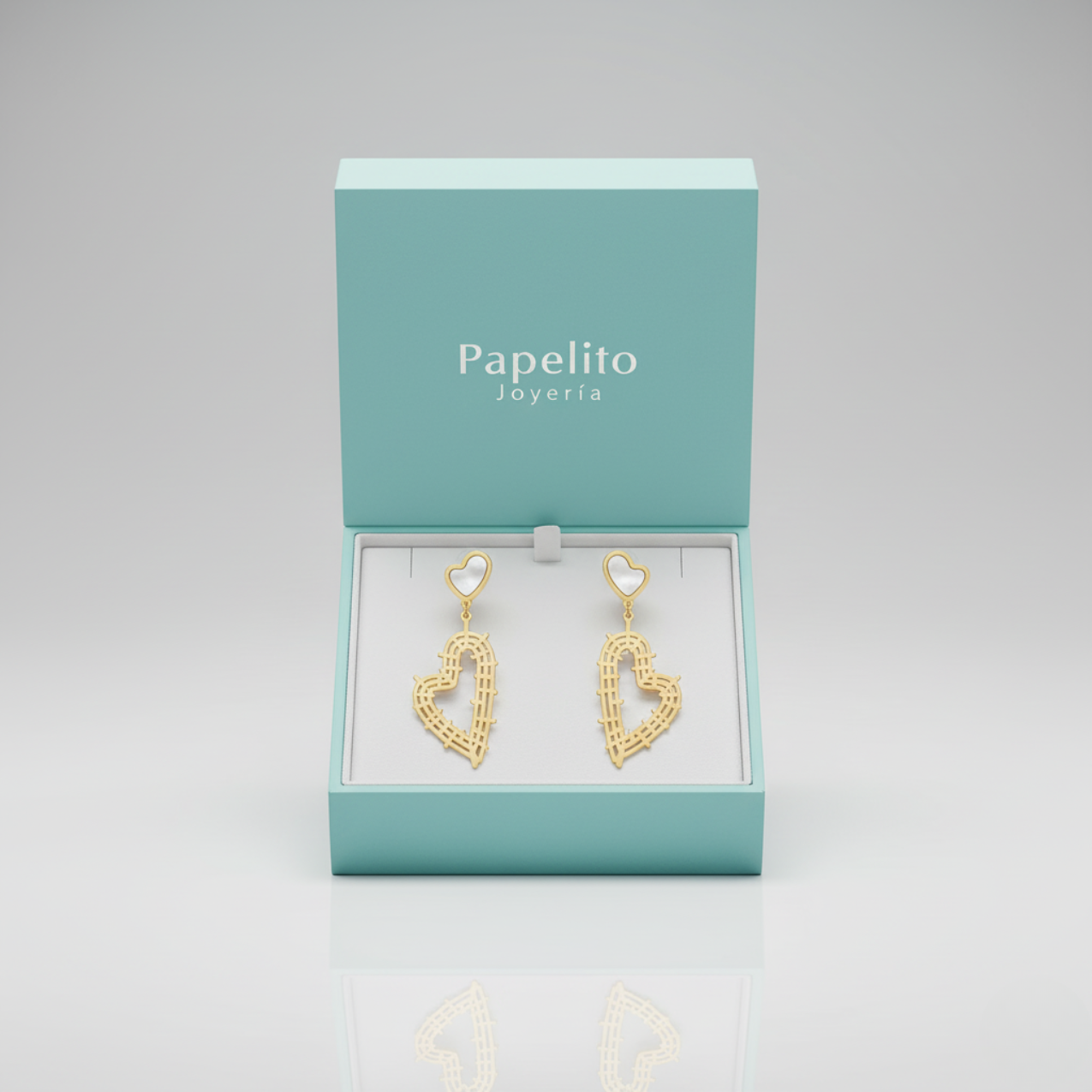 Pendientes Largos Colgantes de Corazón Nácar y Corazón Calado 100% Acero Bañado en Oro 18K