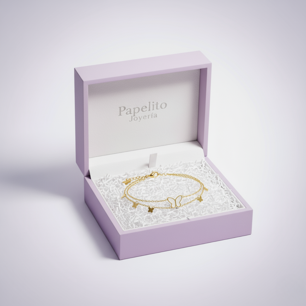Pulsera Doble Cadena con Mariposas Nácar y Doradas 100% Acero Bañado en Oro 18K
