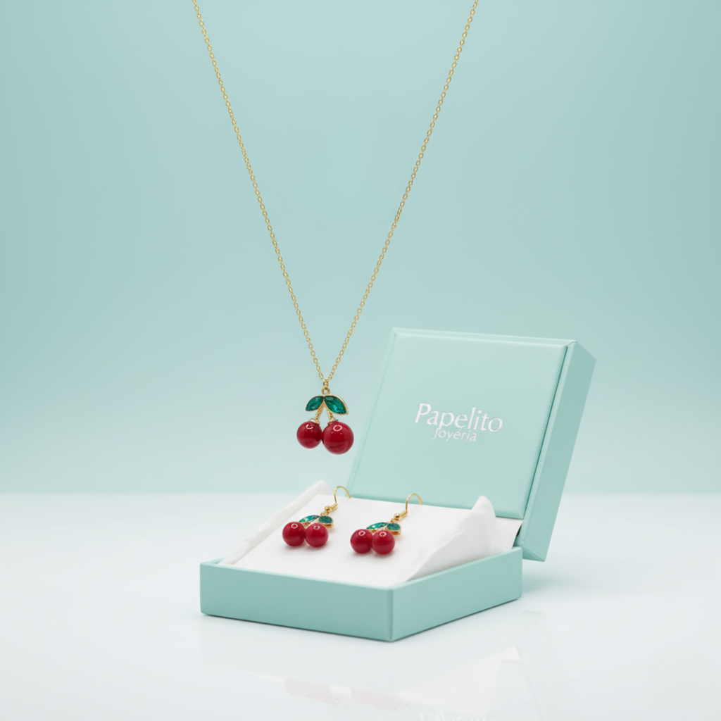 Conjunto Collar y Pendientes de Cerezas Rojas de Acero Chapado en Oro 18K