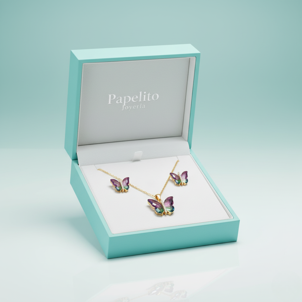 Conjunto Collar y Pendientes de Mariposa con Alas de Cristal Multicolores y Circonitas - 100% Acero Bañado en Oro 18K