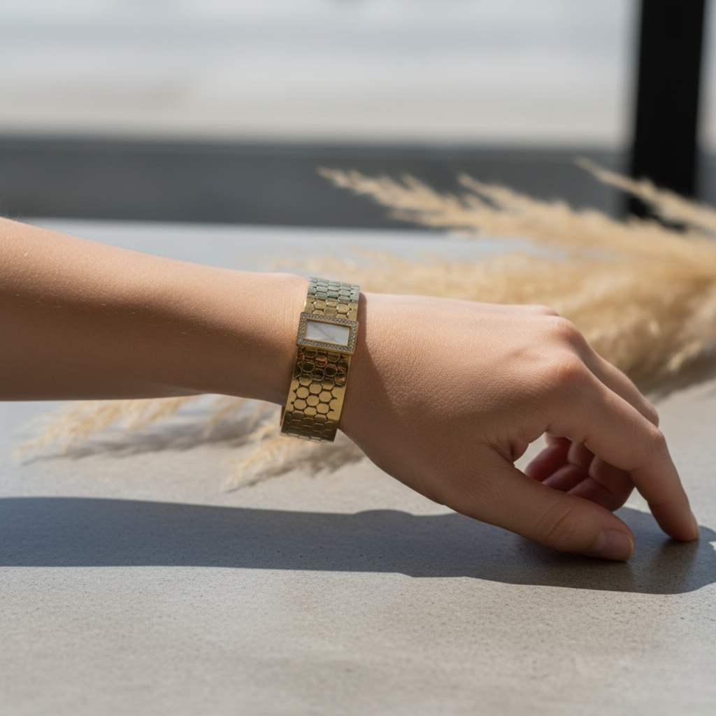 Rigid Bracelet in 18K Gold Plated Steel with Hexagonal Design and Mother of Pearl